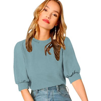 Wedani Women's Casual Puff Sleeves Round Collor Solid Top (Medium, Grey)