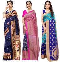 Yashika Women's Combo Art Silk Saree with Blouse Piece-Pack of 3(MATWALI Metro Navy-Kora Blue) Multicolor-09