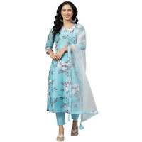 Anni Designer Women's Cotton Blend Printed Straight Kurta With Pant & Dupatta (Itta Sty Blue_Xl_Blue_X Large)
