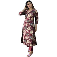 ANNI DESIGNER Women's Cotton Blend Straight Printed Kurta with Pant (DHUN Wine_L_Wine_Large)
