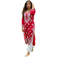 ANNI DESIGNER Women's Cotton Blend Straight Chikankari Embroidered Kurta (River RED_M_Red_Medium)