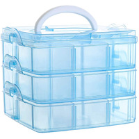 Moxtiza 3-Layers Detachable Square Desktop Storage Box - Clear Plastic Craft Beads Jewelry Organizer - Blue (15x15x13 cm)