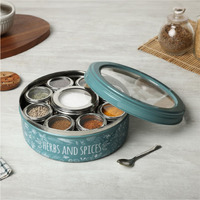 dudki 9 in 1 Herbs & Spice | Stainless Steel Handcrafted Spice Box | Spice Box for Kitchen | See through lid 9 containers and Spoons | Moss- Green (2.5 Ltr | X-Large | 22.5cm)