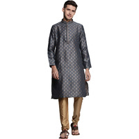 Manyavar Kurta Set for Men, Full Sleeves Mandarin Collar Ethnic Kurta Set for Engagement, Wedding & PartyAll Over Self Design Kurta Set Art Silk (Grey, L)