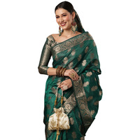 AKHILAM Womens Teal green Organza Floral Saree With Unstitched Blouse Piece (KANCHI4004)