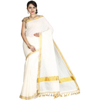 JISB Women Kerala Kasavu plain saree with fringes,Cream color