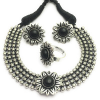 Sasitrends Oxidized German Silver Choker Necklace Set With Ring For Womens And Girls