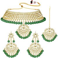 Peora Gold Plated Kundan Faux Pearl Choker Necklace Earring Maang Tikka Traditional Jewellery Set for Women Girls
