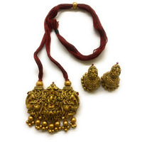 SanaaS Terracotta Jewellery In Ganesh Pendants With Rope Necklace Set In Maroon & Golden Colour For Women
