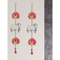 JH Gallery Lotus Hangings for Decoration/Floral Pichwai Cow Wall Hangings for Temple Decor, Diwali Decoration Items (26 Inches Height - 1 Pair, Multi-Coloured)