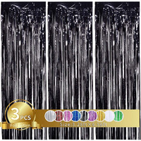 Propsicle 3 pcs 3ftx6ft Metal Black Foil Fringe Curtains Shimmer Backdrop Happy Birthday Party, Anniversary, Bachelorette, Baby Shower, Bridal Shower Decoration Item - Pack of 3