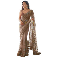 SAREE MALL Womens Net Embroidered Embellished Saree With Unstitched Blouse Piece(Brown_AAVYA702_SM)