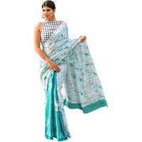 Kiaaron Womens Hand Block Kalamkari Batik Bagru Jaipuri Ikat Printed Handloom Pure Cotton Mulmul Traditional Ethnic Cotton Sarees With Printed Blouse Piece - White