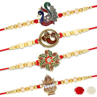 Riddhika Ventures Stunning Gold Plated Designer Brothers Rakhi (Set of 4) with Roli Chawal and Greeting Card (E1G1M1P7)