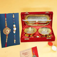 Premium Rakhi Gift Brother | Rakhi for Brother with Gift Silver Gold Plated Bowl Set | Handmade Beads Metal Peacock Rakhi for Bro/Brother/Bhaiya/Bhai (2 Rakhi with Double Bowl) (Silver Gold)