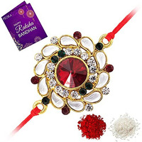 Peora Men Elegant Kundan & Crystal Stone Rakhi For Brother With Raksha Bandhan Greeting Card & Roli Chawal
