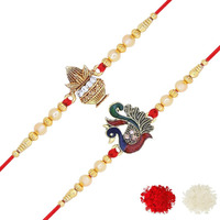 Riddhika Ventures Fabulous Gold Plated Flower and Meenakari Ganesh Rakhi (Set of 2) with Roli Chawal and Greeting Card (M1P7)