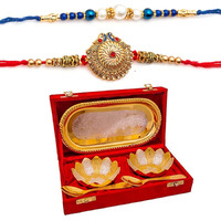 Premium Rakhi Gift Brother | Rakhi for Brother with Gift Silver Gold Plated Bowl Set | Handmade Beads Metal Peacock Rakhi for Bro/Brother/Bhaiya/Bhai (2 Rakhi with Double Bowl) (Silver)