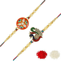 Riddhika Ventures Religious Meenakari Om and Stylish Kundan Rakhi (Set of 2) with Roli Chawal and Greeting Card (P2P7)