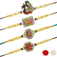 Riddhika Ventures Stunning Gold Plated Designer Brothers Rakhi (Set of 4) with Roli Chawal and Greeting Card (P4P5P6P7)