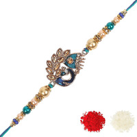 Riddhika Ventures Stylish Peacock Feather and Kundan Rakhi Bracelet with Roli Chawal and Greeting Card (K2)