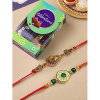 CraftVatika Rakhi Set of 2 for Brother Boy Men with Chocolate Combo Pack, Elegant Designer Rakhi with Cadbury Celebration and Greeting Card