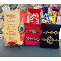 Set of 4 Rakhi Gift Combo for Brother with Chocolate Gifts Hamper, 4 Rakhi Combo Set For bhaiya Bhabhi Kids, Rakshabandhan Bhai Bhabhi Hamper Greeting Card,Tilak Set