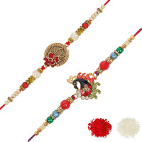 Riddhika Ventures Ravishing Gold Plated Meenakari OM and Peacock Rakhi (Set of 2) with Roli Chawal and Greeting Card(K6K9)