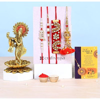 Collectible India Rakhi for Brother and Bhabhi Kids with Gift Combo - Rakshabandhan Gifts for Sister - Krishna Idols Statue for Home Decor, Bhai Rakhi, Designer Lumba Rakhi for Bhabhi, Greeting Card