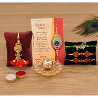 Rakhi Gift Combo for Brother, Brass Crystal Diya Oil Lamp with 4 Rakhi Gift Set - Rakhi for Bhaiya Bhabhi - Raksha Bandhan Card/Lumba Rakhi/Krishna Rakhi/Om Rudraksh Rakhi