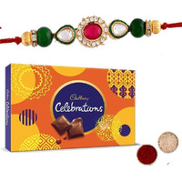 Stone Beaded Studded Rakhi with Chocolate Gift for Brother Cadbury Celebration Chocolate Hamper Rakhi Set of 1 for Brother Bhai Bhaiya Raksha Bandhan Bracelet Single Rakhi with Greeting Card