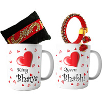 CraftVatika Rakhi for Brother and bhabhi with Gift Set, Raksha Bandhan Gift for Bhaiya Bhabhi, Rakhi with Mug Rakhi for Bhabhi with Set of 2 Printed Coffee Mug (Kundan -Kada Rakhi Set)