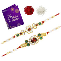 Peora Mens Thread Beautiful Beads Kundan Raksha Bandhan Rakhi with Chawal Roli Greeting Card (Combo- Pack of 2)