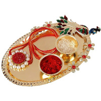AccessHer Elegant Designer Haldi Kumkum Golden Puja Thali/Rakhi Platter/Tilak Thali with Two Katoris and Ganpati Idol