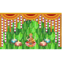Ashvath Fashion Banana Leaf and Flower with Goddess Laxmi MATA Diya Lamp Design Backdrop Cloth for Diwali Pooja Decoration Traditional Deepavali Festival Size 5Feet Height and 8Feet Width(5 * 8)