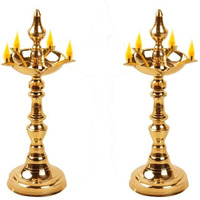 Denique Brass Traditional Kerala Oil/Ghee Diya, Deepak, Lamp Long Diyas for Home, Pooja Room, Pancharti | Panchmukhi Pital Diya, Decoration, Aarti, Diwali Height 19 C.M(PACK of 2)