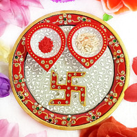 Handicraft Kingdom Marble Puja Thali for Laddu Gopal Pooja Room Decoration with 2 Pear Shape Diya and Agarbatti Stand | Rajasthani Hand Painted Multicolour Home Decor Items Size 6 Wt 300-400Gm