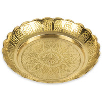 Klassic Engraved Small Brass Pooja Thali with Flower Engraved Design for Prasad Bhog, Handcrafted Bhog Thali Diya Thali in Mandir (5 Inch, Golden)