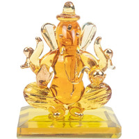 iCraft God Ganesh Sitting with Base Statue (Murti) Idol Showpiece Handmade of Crystal Glass for Worship, Decoration, Car Dashboard, Gift (Yellow), Small