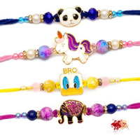 To The Nines Kids Rakhi For Brother With Tilak Material and Greeting Card - Pack of 4 Kids Rakhi