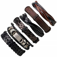 University Trendz 6 PCs Mixed Multi-Layer Genuine Leather Bracelet, Handmade Adjustable Braided Leather Cuff Men & Women