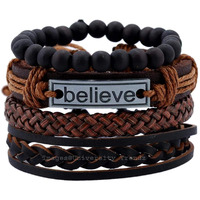 University Trendz Metal Leather Natural Stone Beads Inspirational Believe Words Bracelet for Men - Set of 4 (Brown)