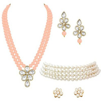 Peora Gold Plated Crystal Pearl Long Necklace with Drop Earrings Traditional Ethnic Jewellery Set for Women Girls | Peach & White