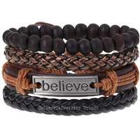 University Trendz Stylish PU Leather Stone Beads Inspirational Believe Words Charm Wrist Band Multi Strand Bracelet for Men and Boys (Set of 4)