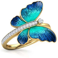 University Trendz Copper Gold Plated Zirconias Studded Blue Enamel Colorful Open Butterfly Ring for Women and Girls
