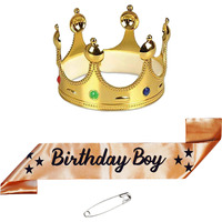 Decofy Birthday Boy Sash & Crown With Pin- Set of 3 Birthday Boy Sash & King Crown | Golden Sash of Birthday Boy For Kids, Mens