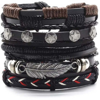 University Trendz 5 PCS Braided Multilayer Adjustable Unisex Leather Bracelet Wrap for Men Women (Black)