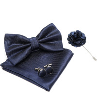 RIZORO Mens Bow Tie For Men With Cufflinks Pocket Square & Brooch Pin in Gift Box (Navy Blue)