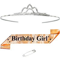 Decofy Birthday Girl Sash And Crown For Girls & Women - Set of 3 (With Pin) Sash And Tiara | Crown For Birthday Girl | Gold Birthday Sash For Girls | Birthday Crown For Girls