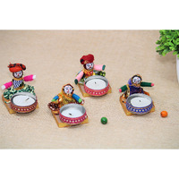 JH Gallery Recycled Martial Rajasthani Dolls Sitting Tealight Candle Holder, Multicolor (2 Pair)(4 Candle Holders)